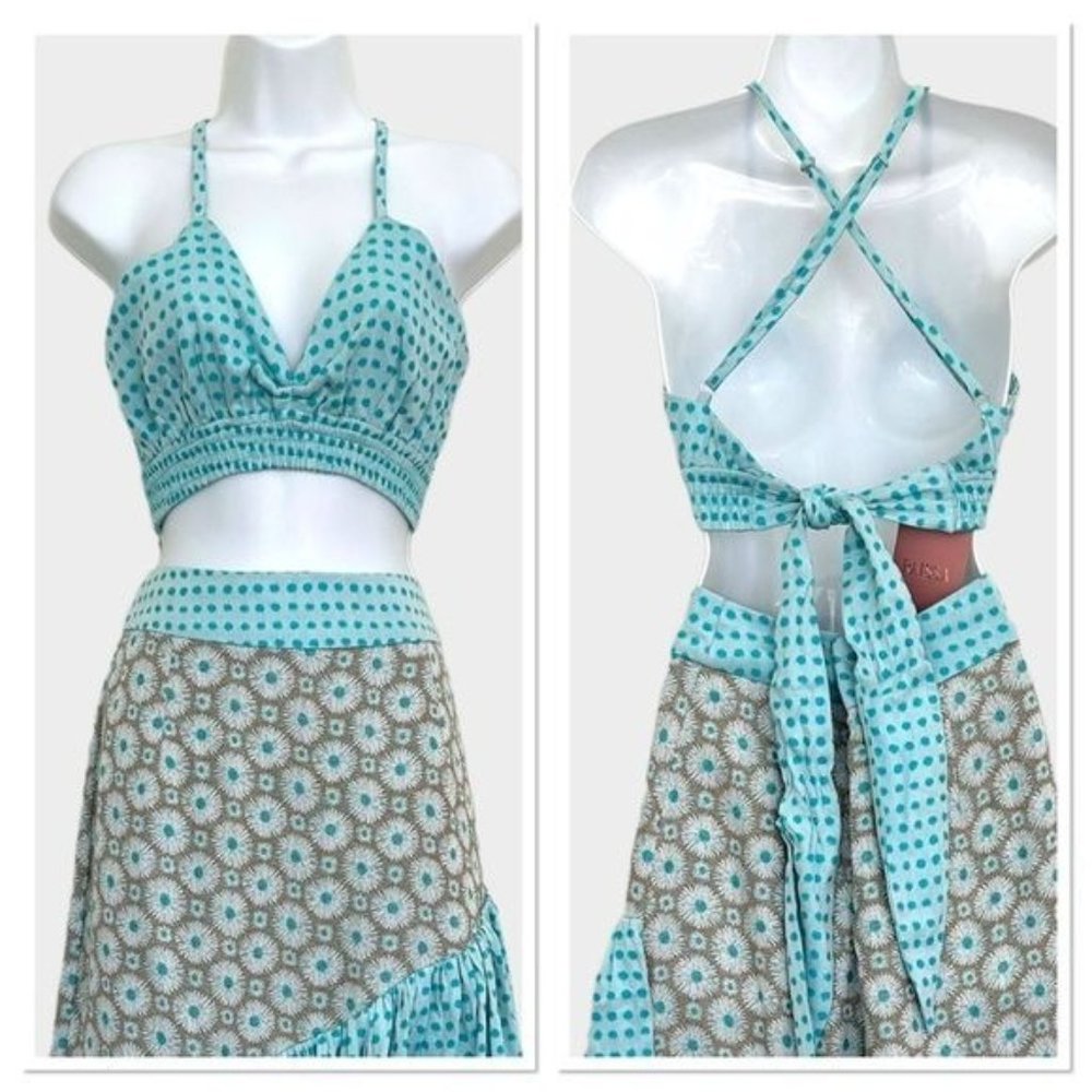 RAISSA Woven Halter Tie back Bustier Crop Top Turquoise Blue Polka Dot XS-S NWT